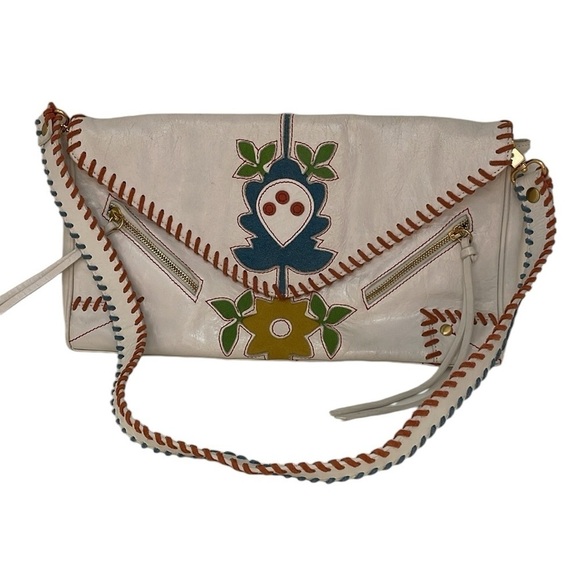 Loop Designer Envelope Purse Colorful Floral White Leather Stitching Bohemian - Picture 2 of 8